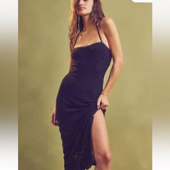 Free People Dahlia Midi Black Dress Backless Crochet Halter Size XS - Picture 4 of 12